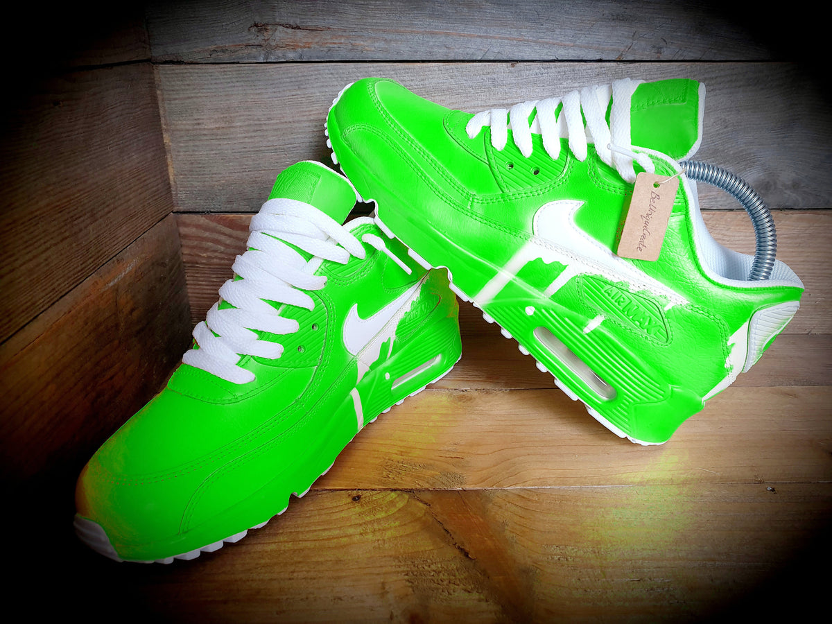 Custom Painted Air Max 90 - Neon Green White Drip Trainers