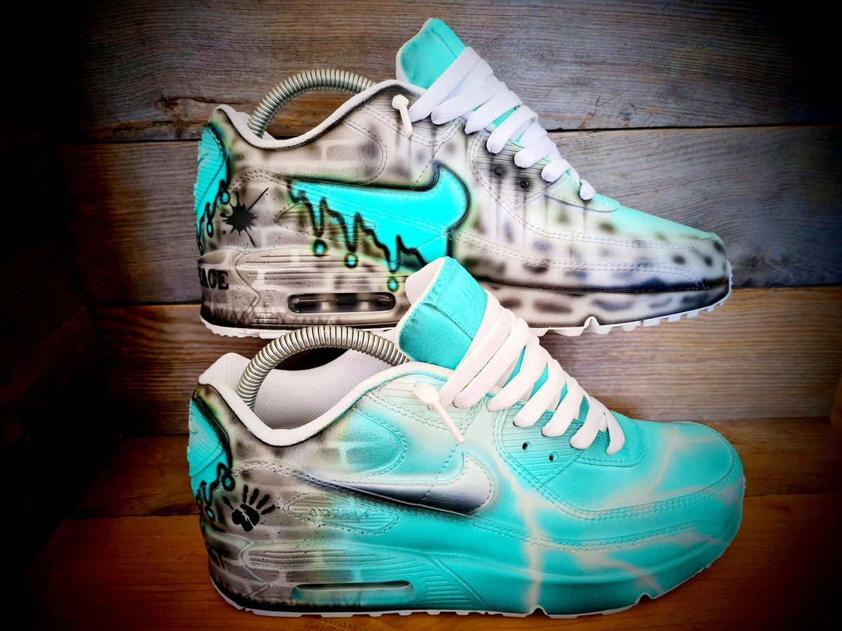 Custom Painted Air Max 90 - Aqua White Brick Wall Graffiti Drip Trainers