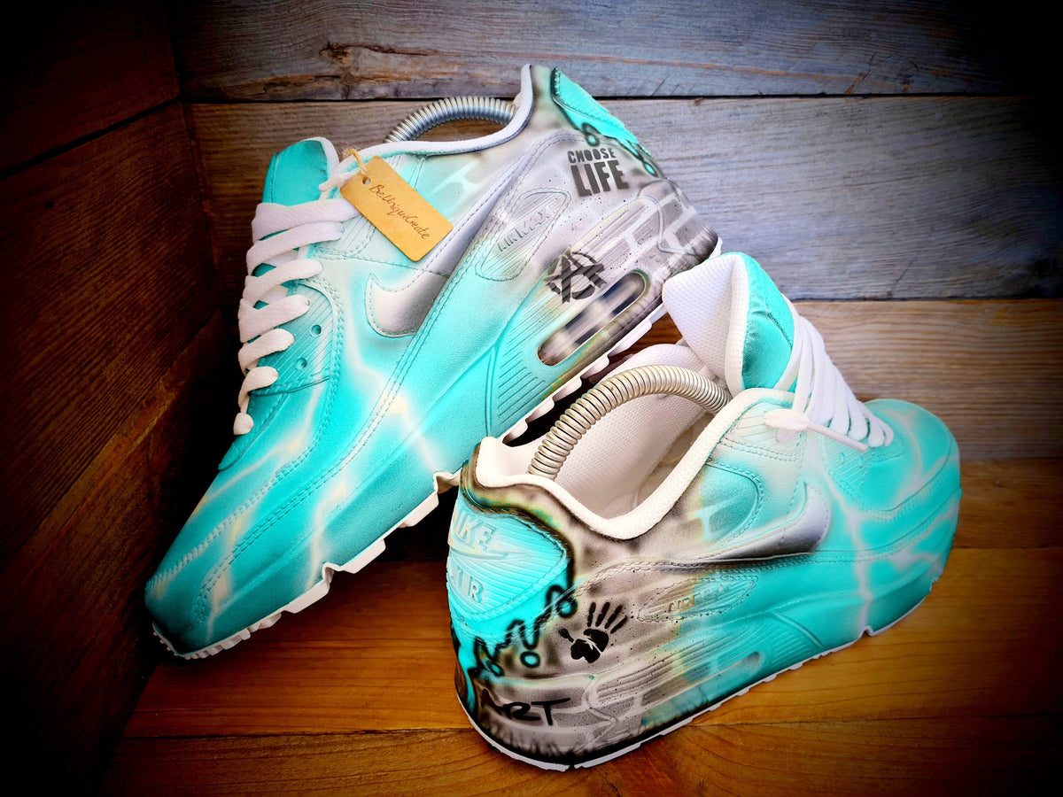 Custom Painted Air Max 90 - Aqua White Brick Wall Graffiti Drip Trainers