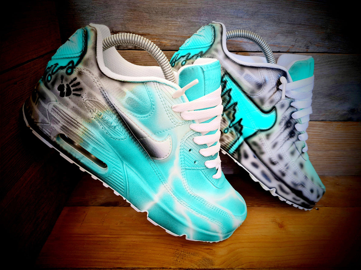 Custom Painted Air Max 90 - Aqua White Brick Wall Graffiti Drip Trainers