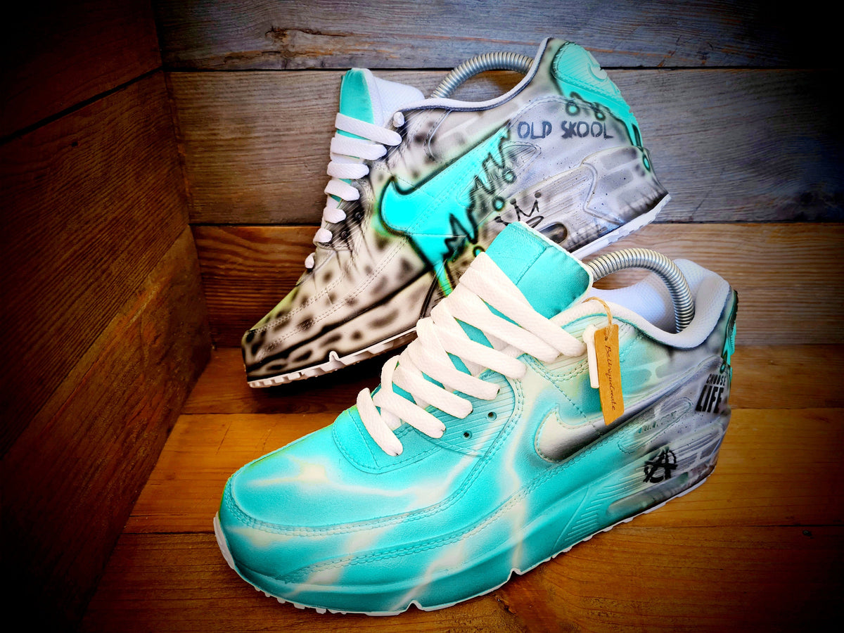 Custom Painted Air Max 90 - Aqua White Brick Wall Graffiti Drip Trainers