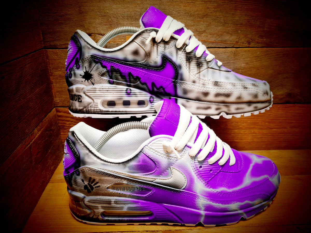 Custom Painted Air Max 90 - Neon Purple White Brick Wall Graffiti Drip Trainers