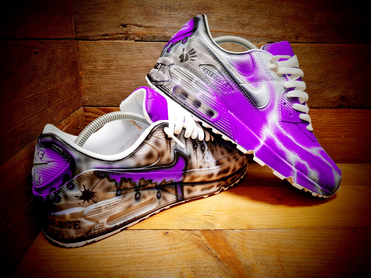Custom Painted Air Max 90 - Neon Purple White Brick Wall Graffiti Drip Trainers