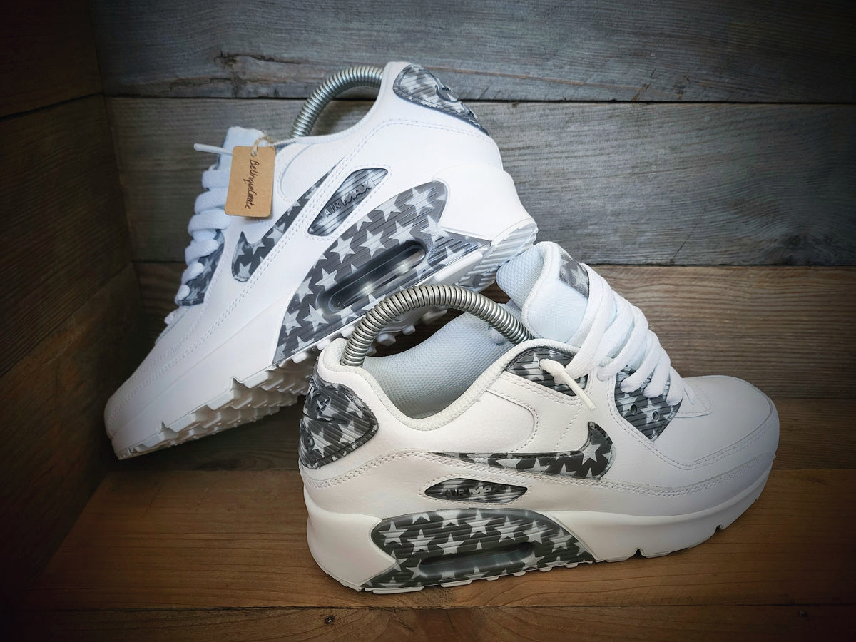 Custom Painted Air Max 90 - Grey White Stars Trainers