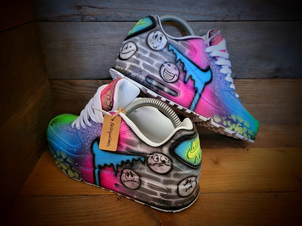 Custom Painted Air Max 90 - Emoji Emotions Pink Blue Drip Trainers