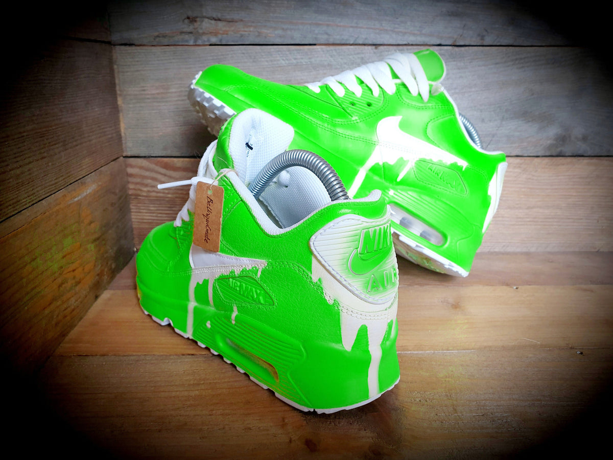 Custom Painted Air Max 90 - Neon Green White Drip Trainers