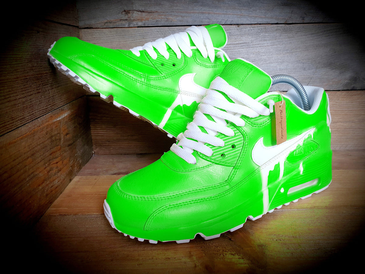 Custom Painted Air Max 90 - Neon Green White Drip Trainers