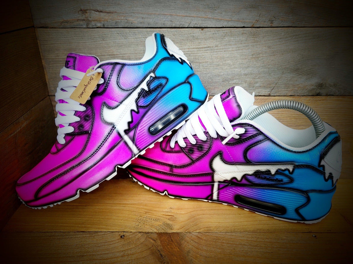Custom Painted Air Max 90 - Neon Purple Blue Drip Cartoon Trainers