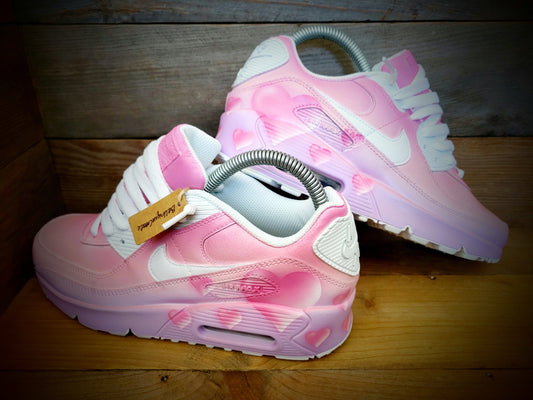 Custom Painted Air Max 90 - Pink White Hearts Trainers