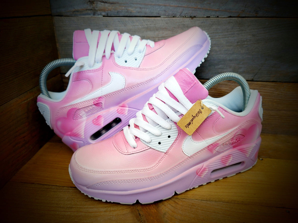 Custom Painted Air Max 90 - Pink White Hearts Trainers