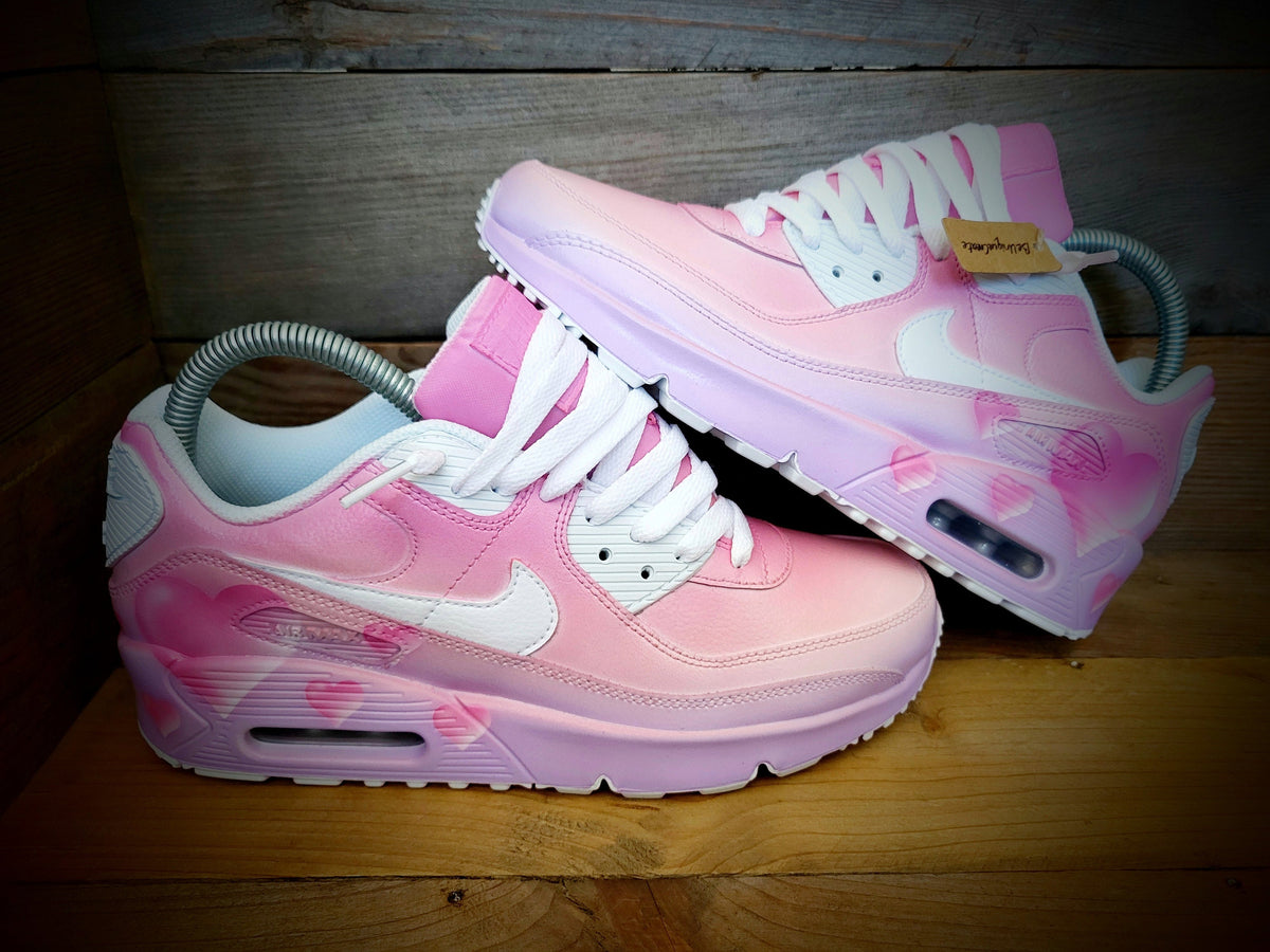 Custom Painted Air Max 90 - Pink White Hearts Trainers