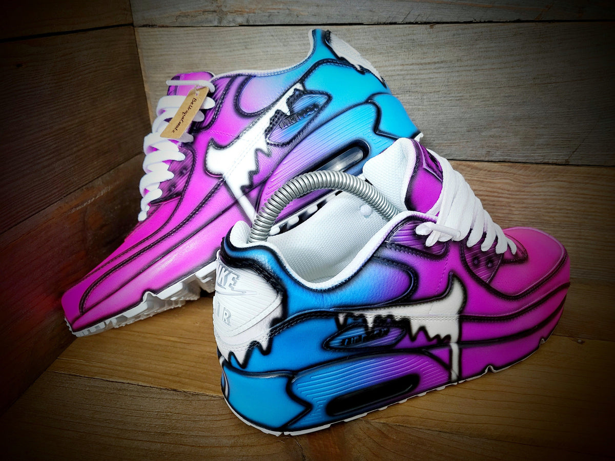 Custom Painted Air Max 90 - Neon Purple Blue Drip Cartoon Trainers