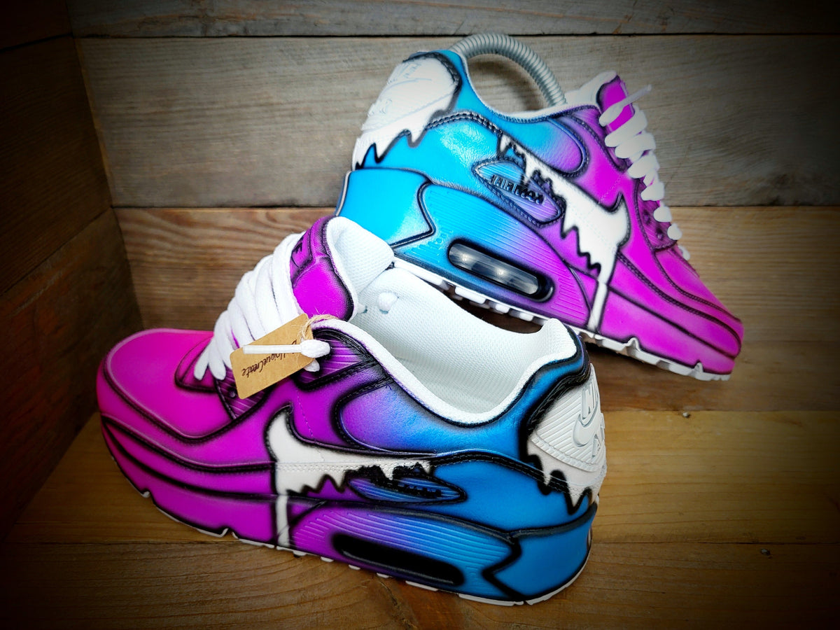 Custom Painted Air Max 90 - Neon Purple Blue Drip Cartoon Trainers