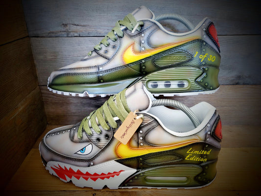 Custom Painted Air Max 90 - Warhawk Sharks Teeth Green Grey Trainers
