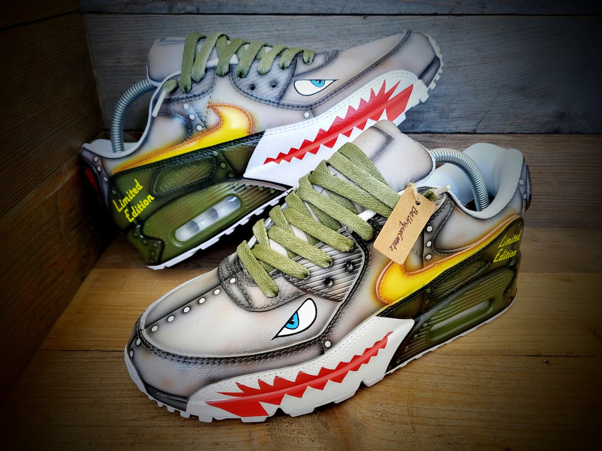 Custom Painted Air Max 90 - Warhawk Sharks Teeth Green Grey Trainers
