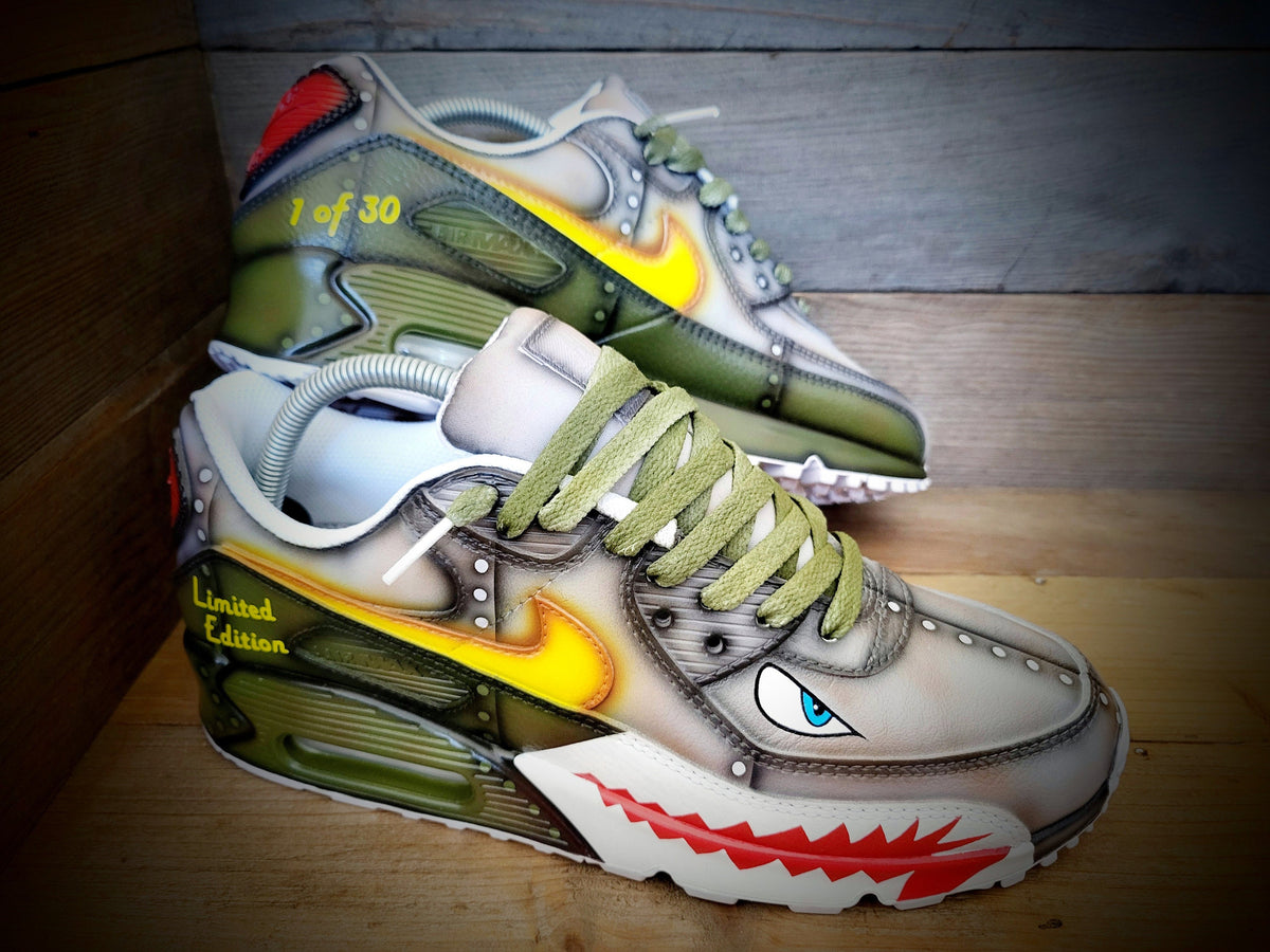 Custom Painted Air Max 90 - Warhawk Sharks Teeth Green Grey Trainers
