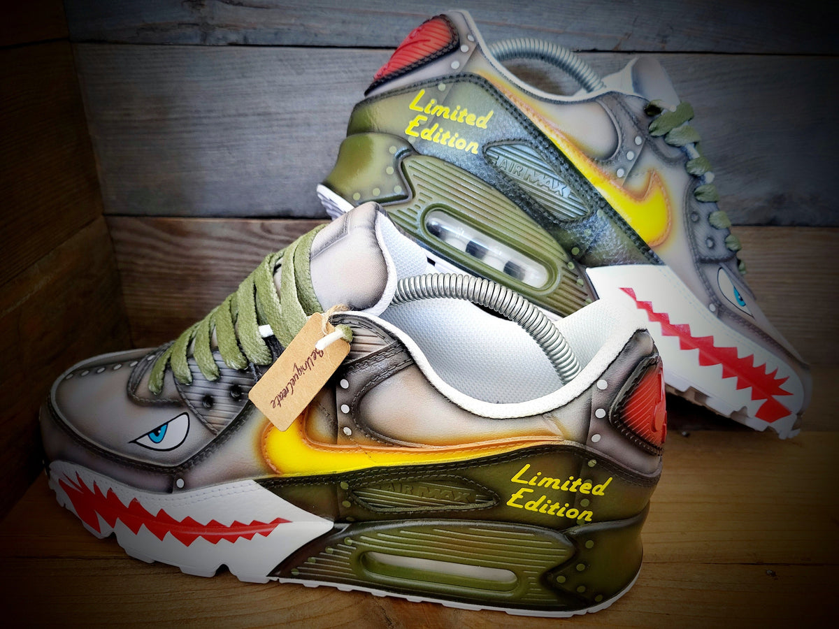 Custom Painted Air Max 90 - Warhawk Sharks Teeth Green Grey Trainers
