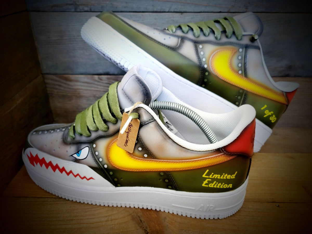 Custom Painted Air Force 1 - Warhawk Sharks Teeth Green Grey Trainers