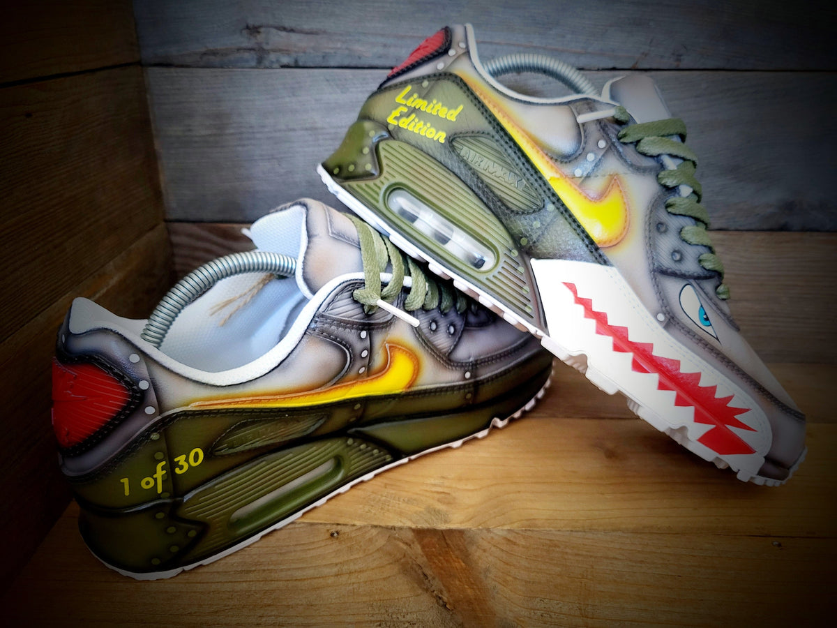 Custom Painted Air Max 90 - Warhawk Sharks Teeth Green Grey Trainers