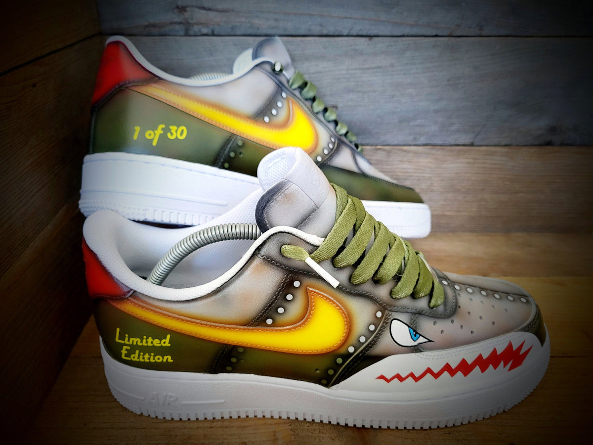 Custom Painted Air Force 1 - Warhawk Sharks Teeth Green Grey Trainers