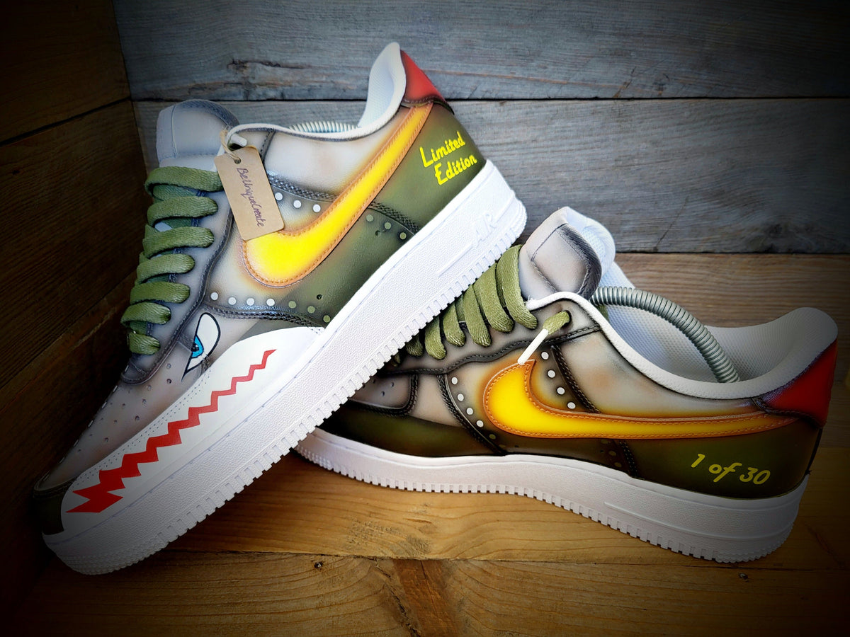 Custom Painted Air Force 1 - Warhawk Sharks Teeth Green Grey Trainers