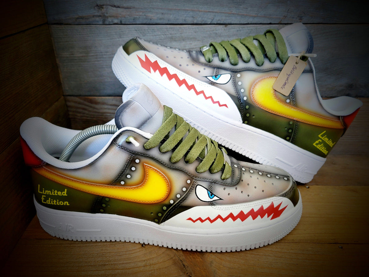 Custom Painted Air Force 1 - Warhawk Sharks Teeth Green Grey Trainers