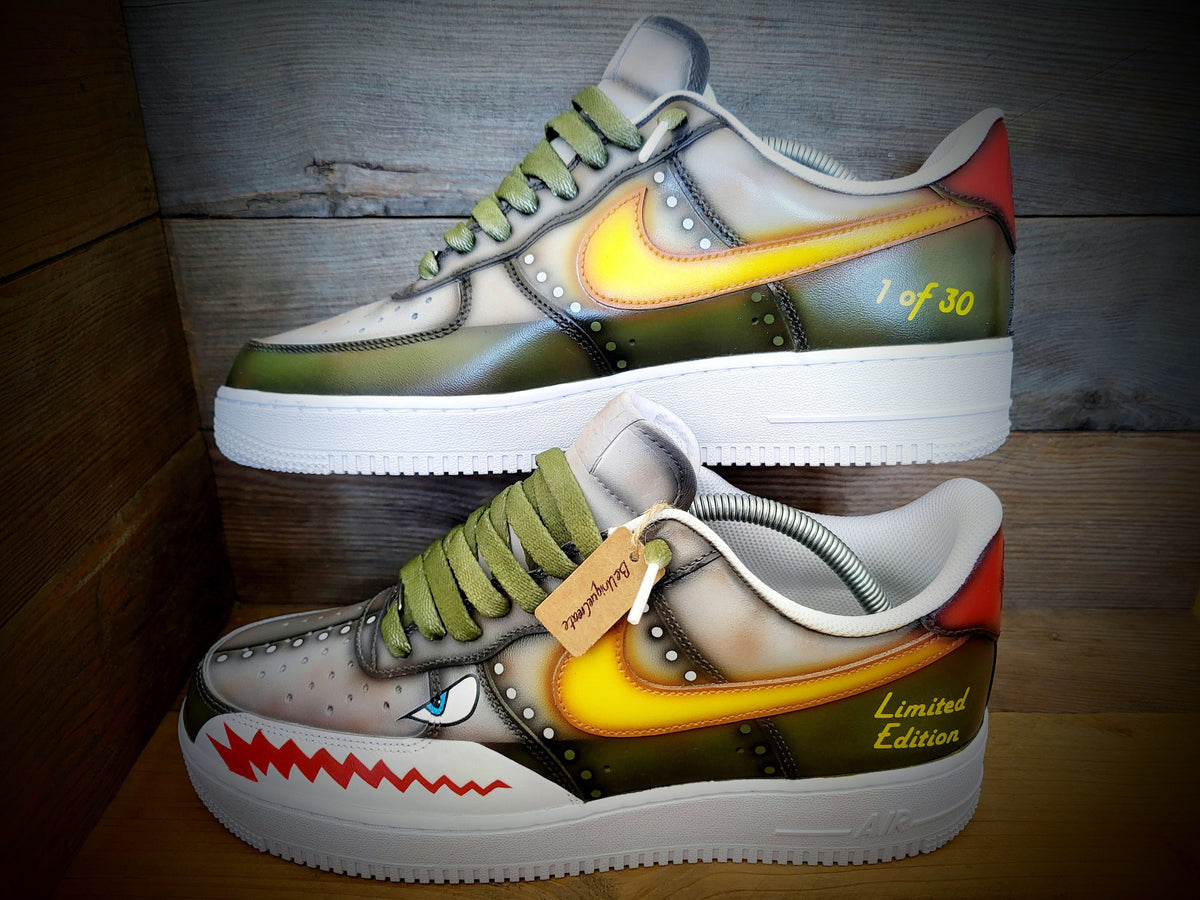 Custom Painted Air Force 1 - Warhawk Sharks Teeth Green Grey Trainers
