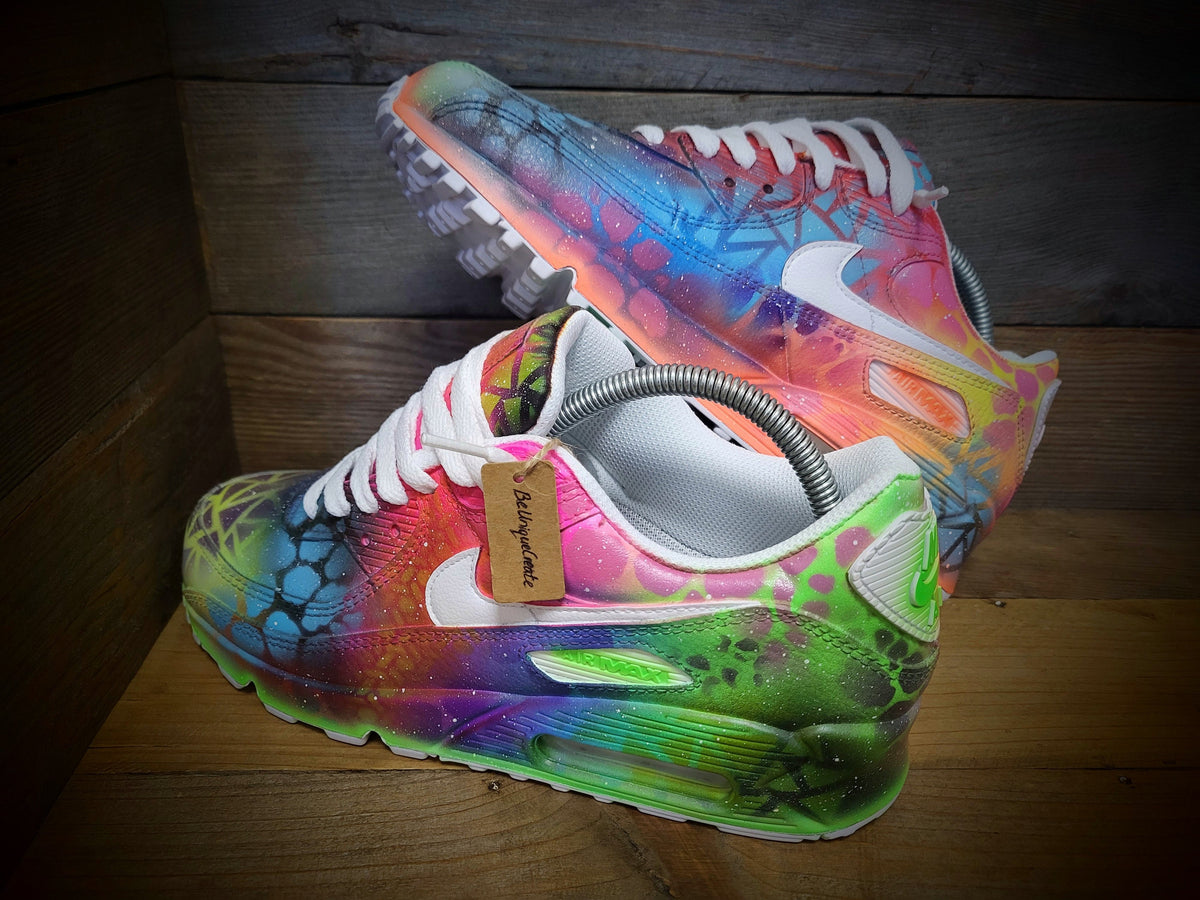 Custom Painted Air Max 90 - Neon Orange Green Graffiti Trainers