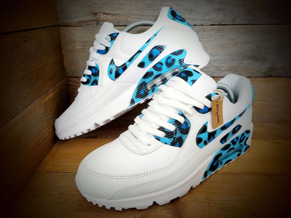 Custom Painted Air Max 90 - Blue Black Leopard Print Trainers