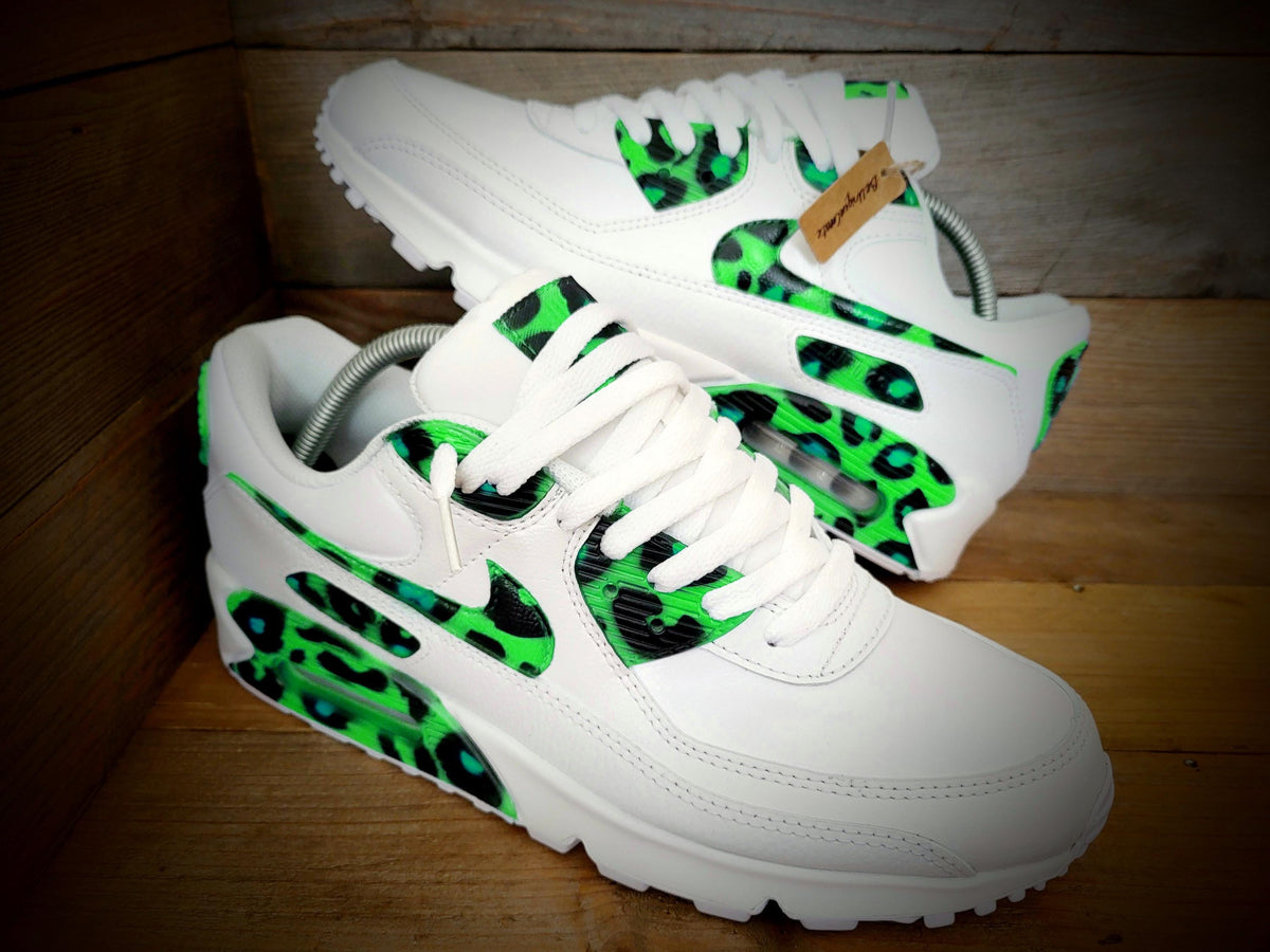 Custom Painted Air Max 90 - Green Black Leopard Print Trainers