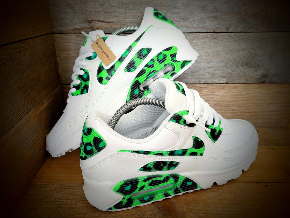 Custom Painted Air Max 90 - Green Black Leopard Print Trainers