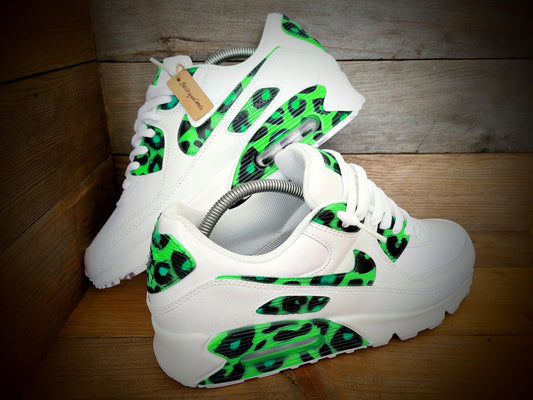 Custom Painted Air Max 90 - Green Black Leopard Print Trainers