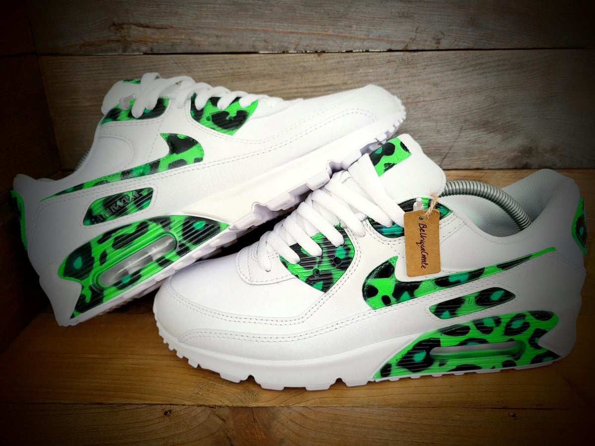 Custom Painted Air Max 90 - Green Black Leopard Print Trainers