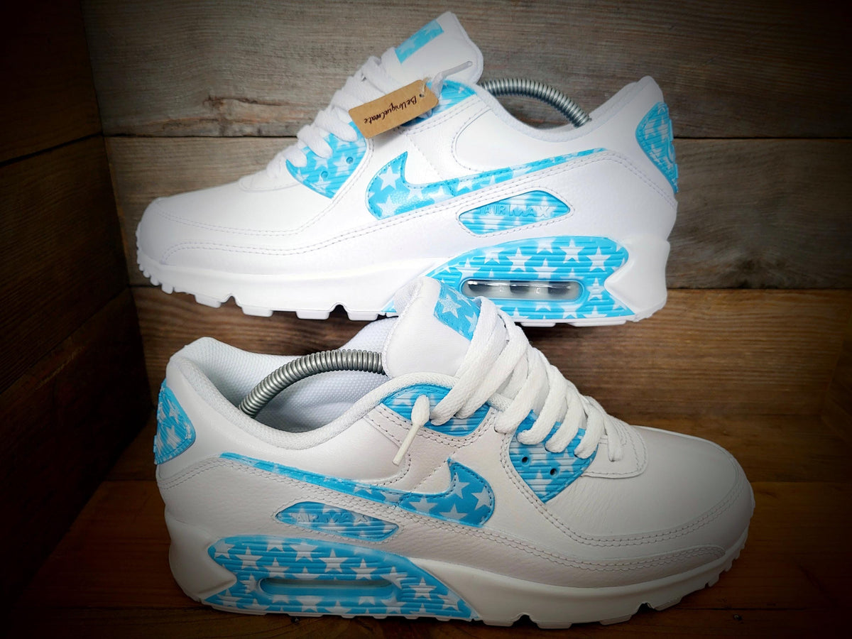 Custom Painted Air Max 90 - Pale Blue White Stars Trainers