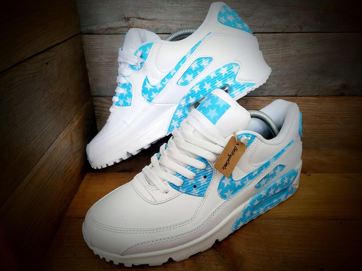 Custom Painted Air Max 90 - Pale Blue White Stars Trainers