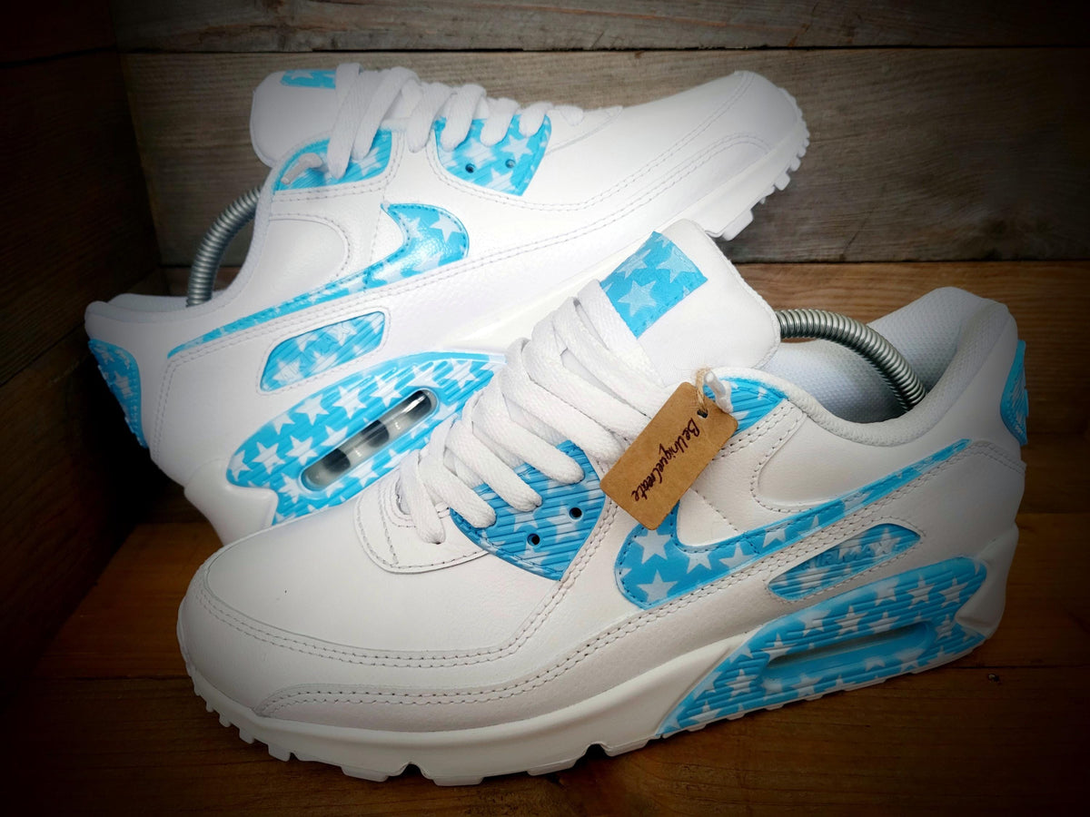 Custom Painted Air Max 90 - Pale Blue White Stars Trainers