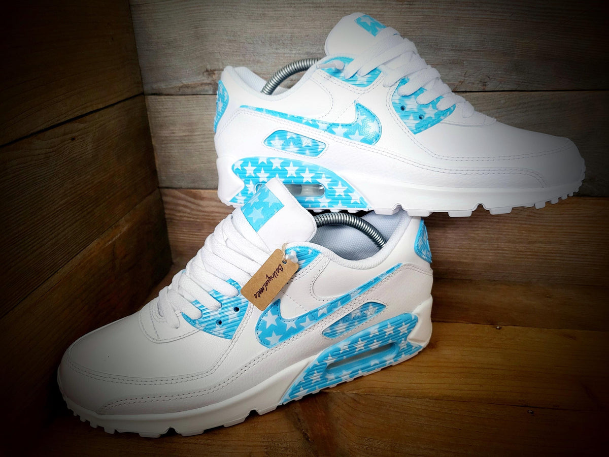 Custom Painted Air Max 90 - Pale Blue White Stars Trainers