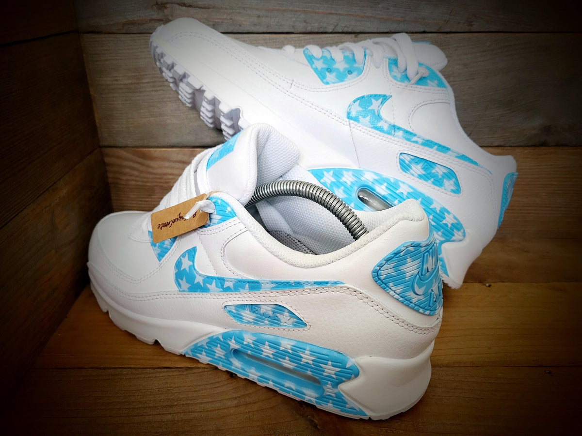 Custom Painted Air Max 90 - Pale Blue White Stars Trainers