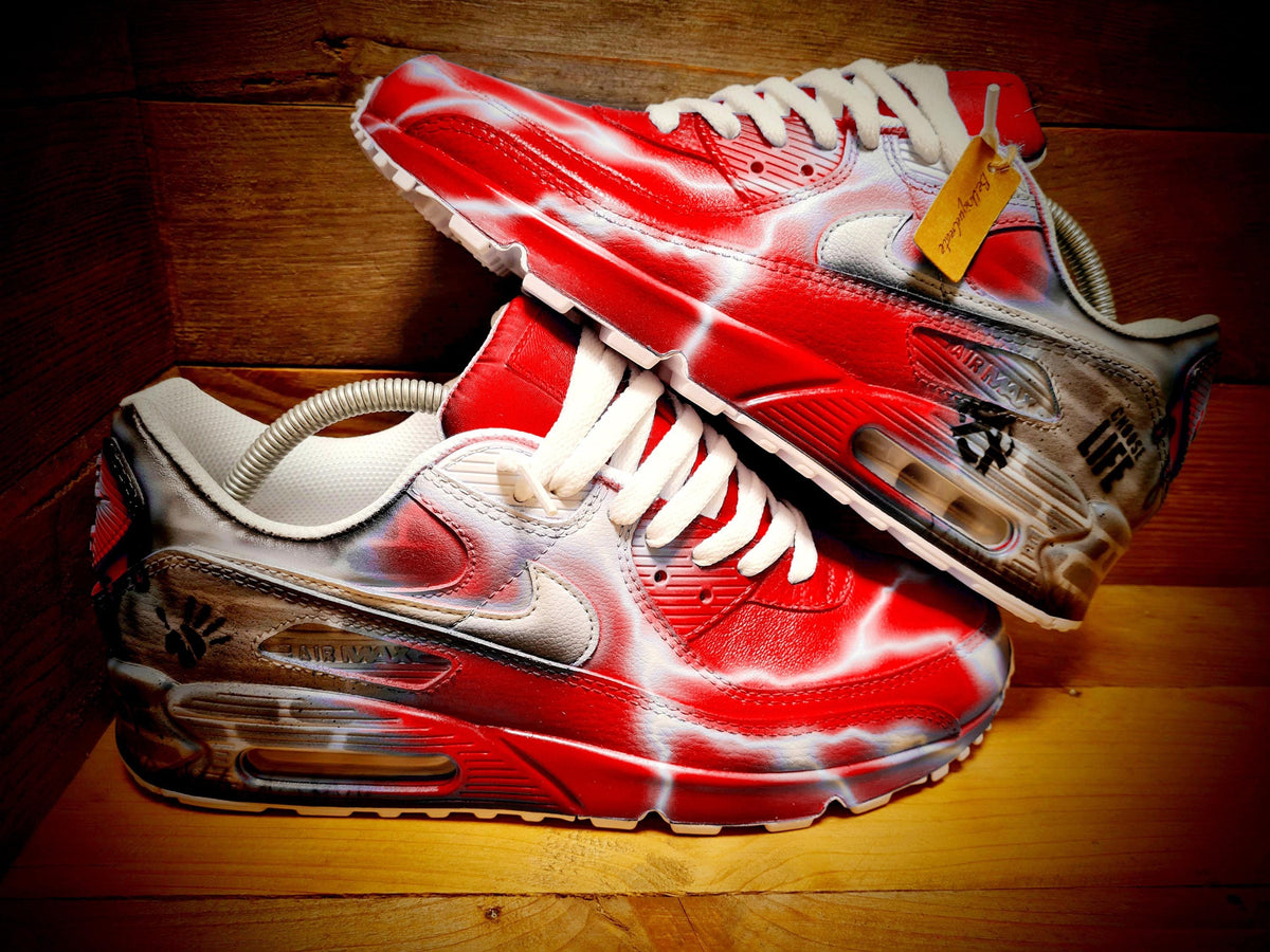 Custom Painted Air Max 90 - Red White Brick Wall Graffiti Drip Trainers