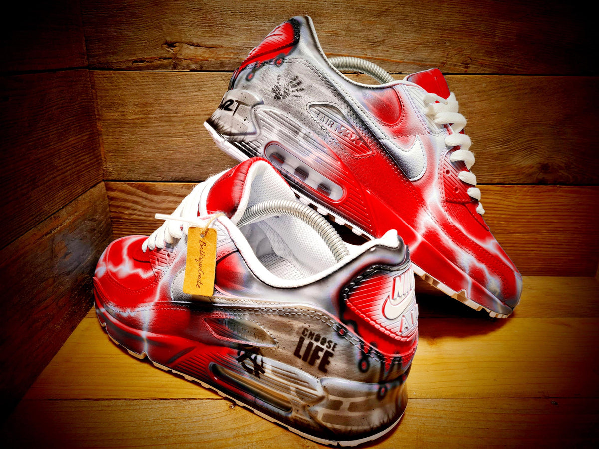 Custom Painted Air Max 90 - Red White Brick Wall Graffiti Drip Trainers