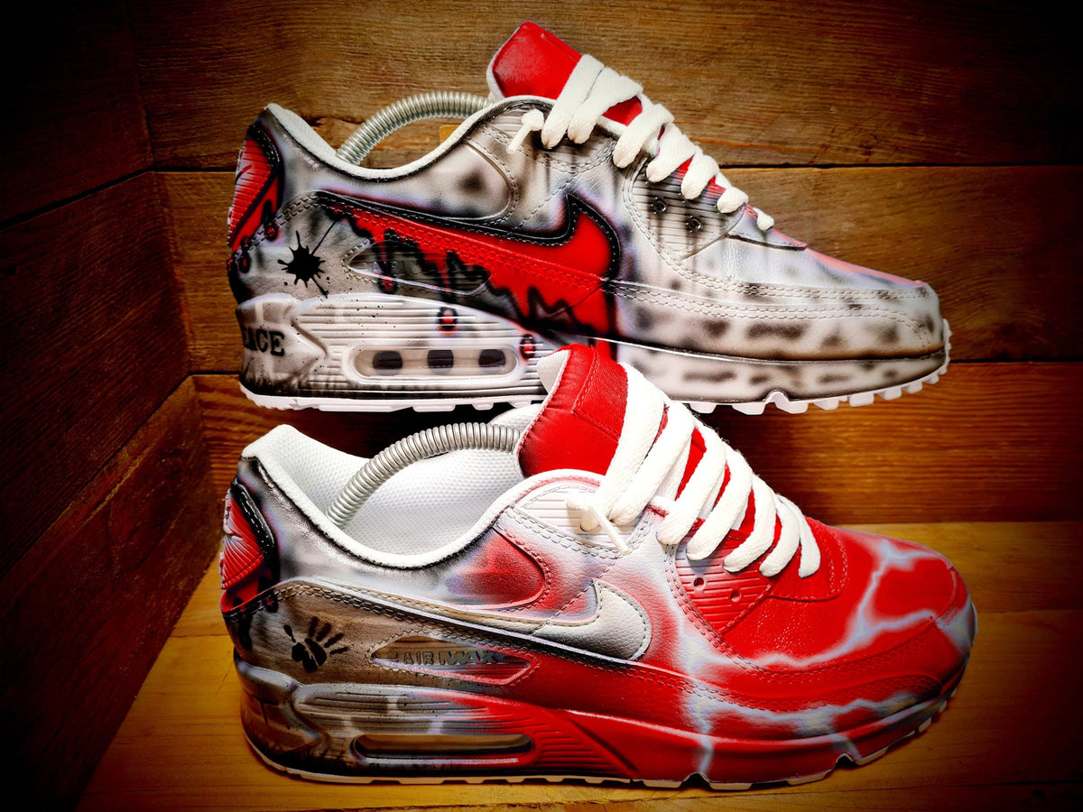 Custom Painted Air Max 90 - Red White Brick Wall Graffiti Drip Trainers