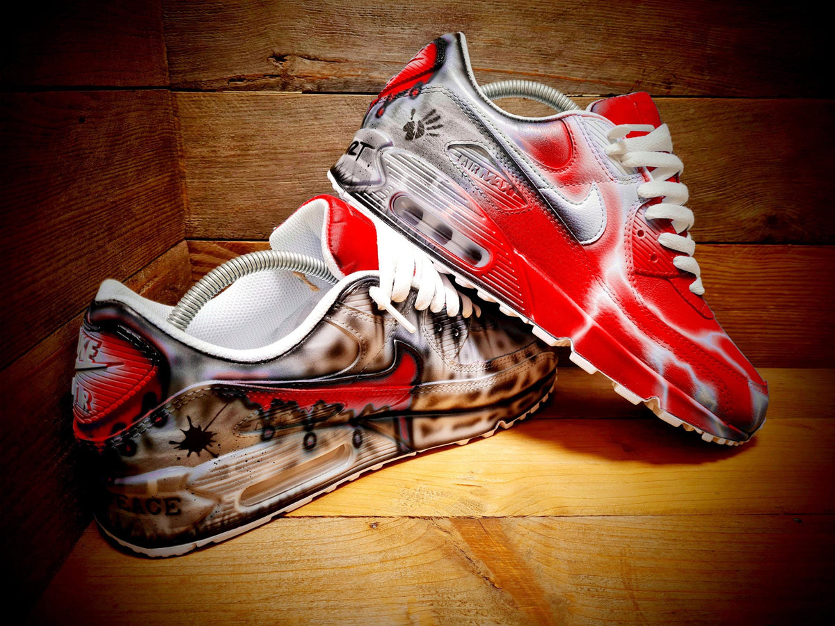 Custom Painted Air Max 90 - Red White Brick Wall Graffiti Drip Trainers