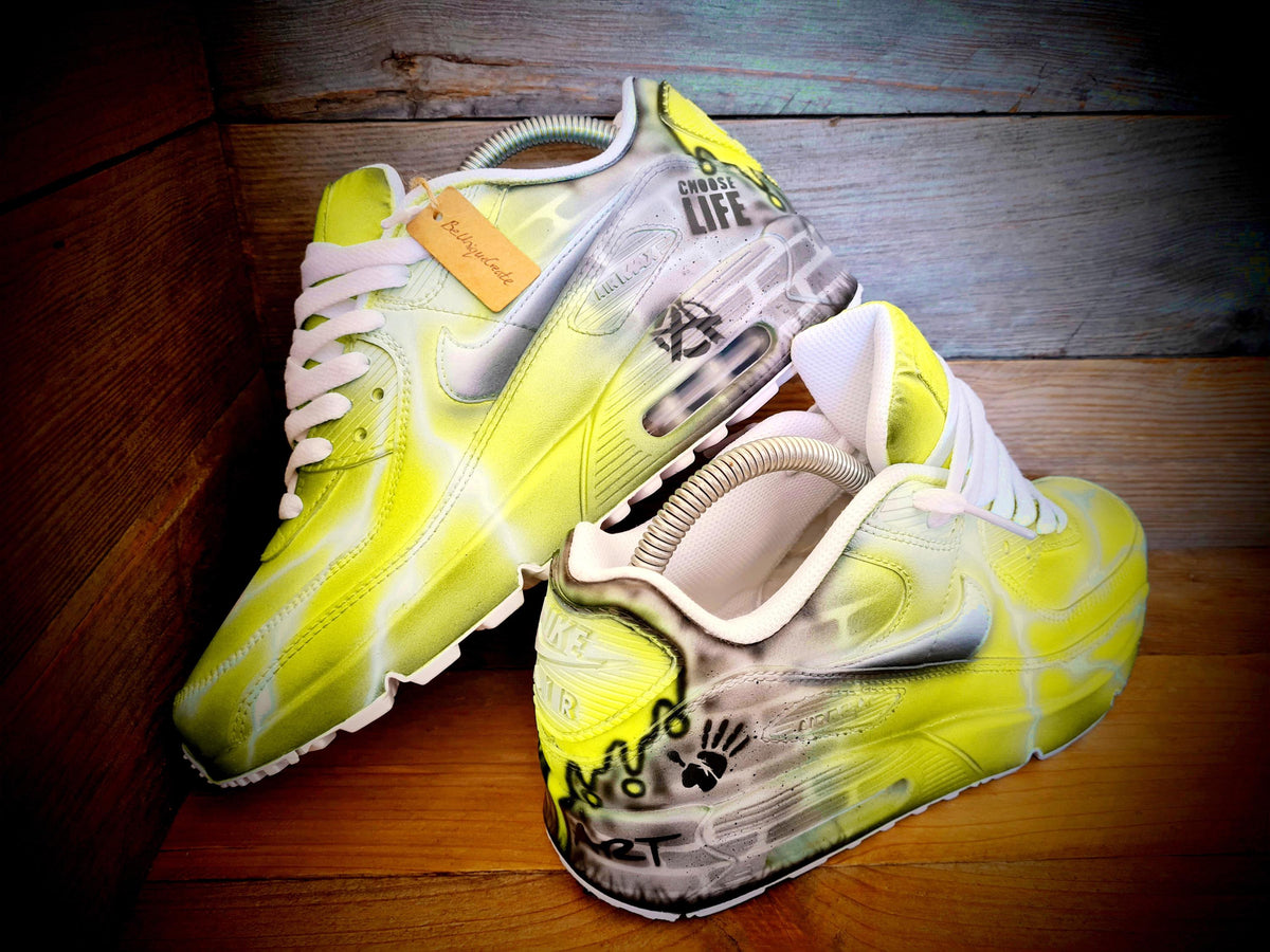 Custom Painted Air Max 90 - Yellow White Brick Wall Graffiti Drip Trainers