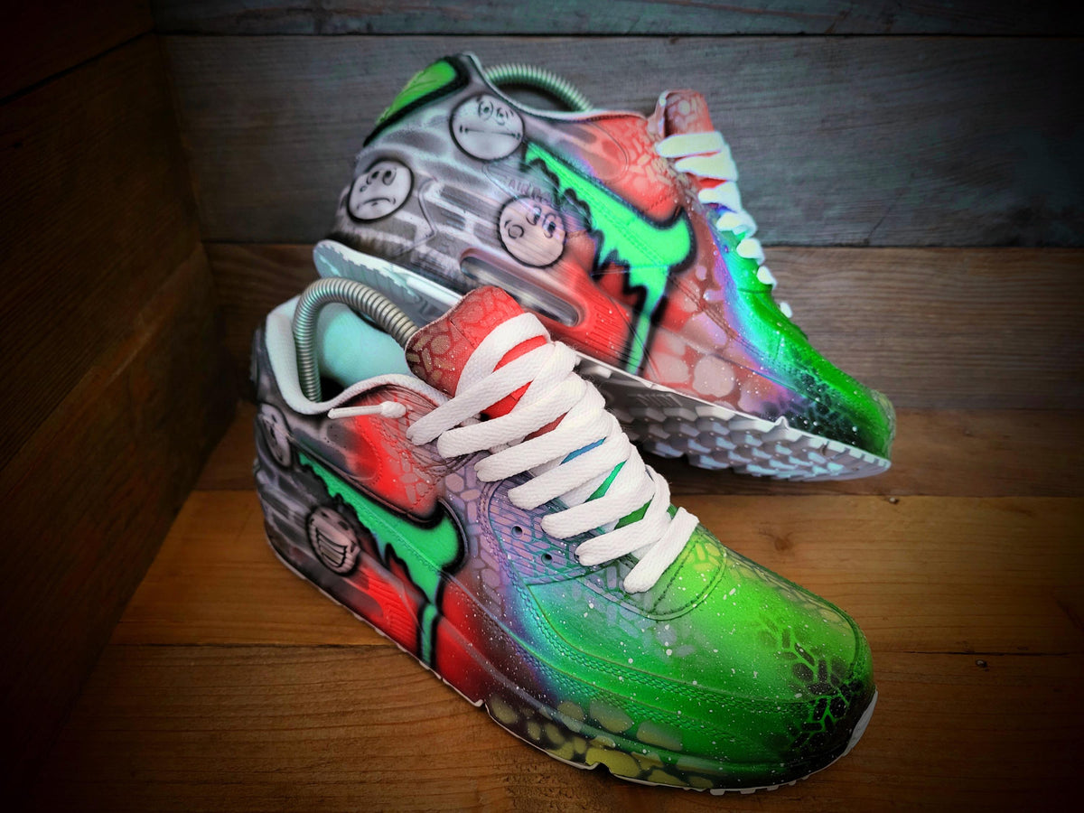 Custom Painted Air Max 90 - Emoji Emotions Orange Green Drip Trainers