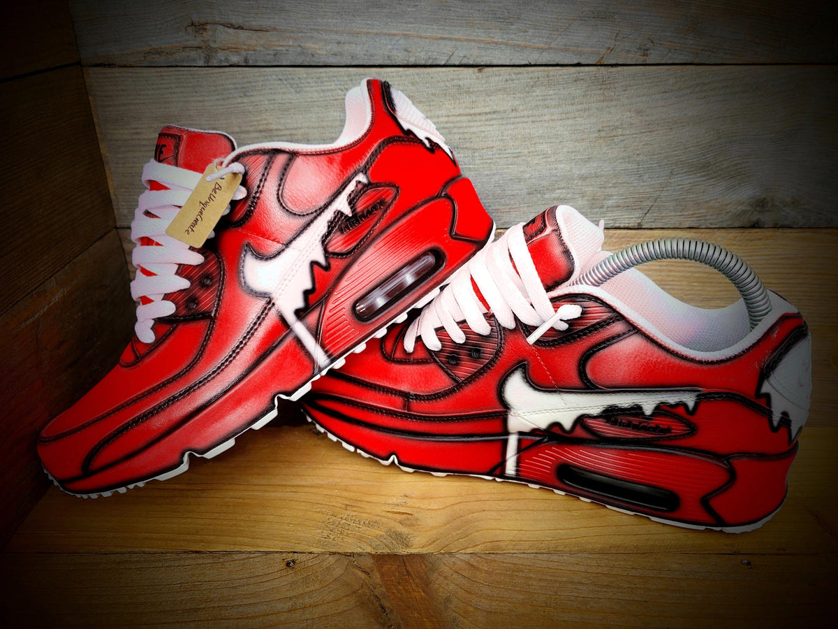 Custom Painted Air Max 90 - Red White Drip Cartoon Trainers