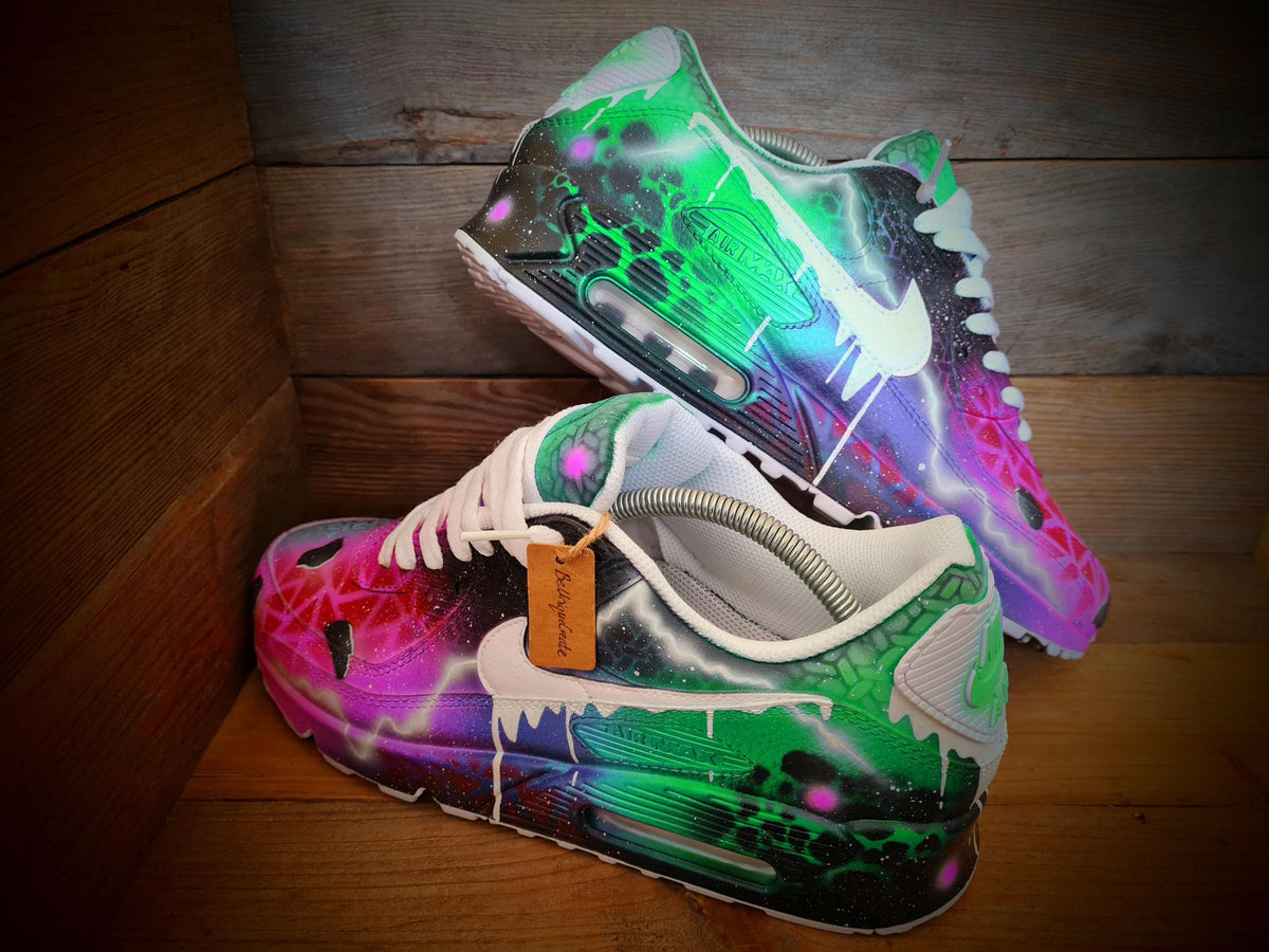 Custom Painted Air Max 90 - Neon Green Pink Graffiti Drip Trainers