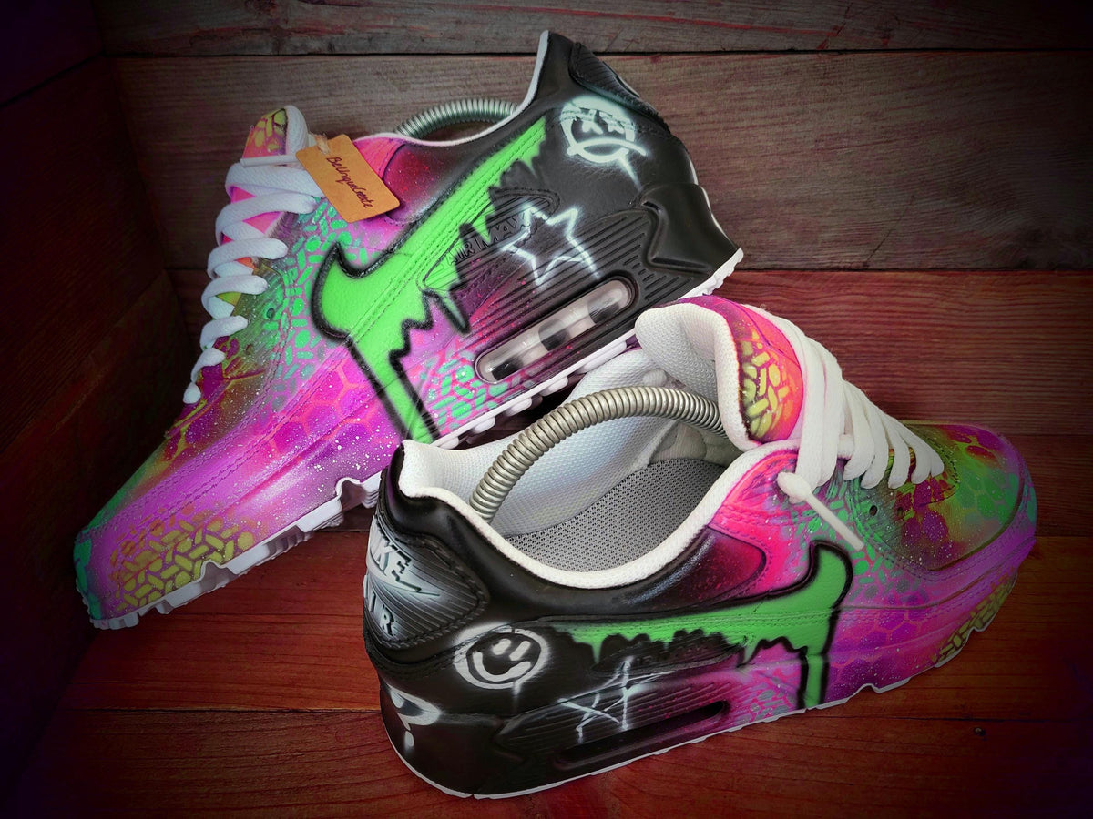 Custom Painted Air Max 90 - Green Pink Dripping Graffiti Trainers