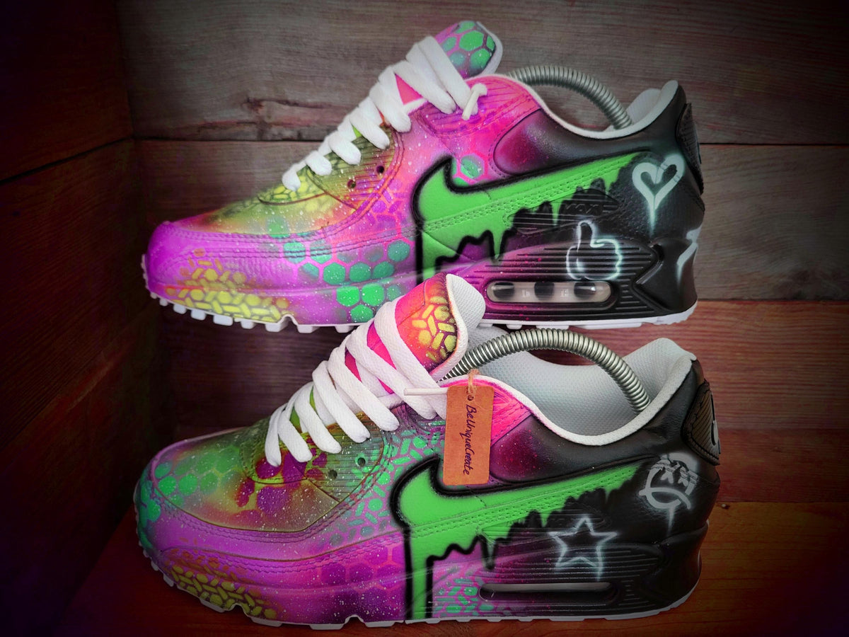 Custom Painted Air Max 90 - Green Pink Dripping Graffiti Trainers