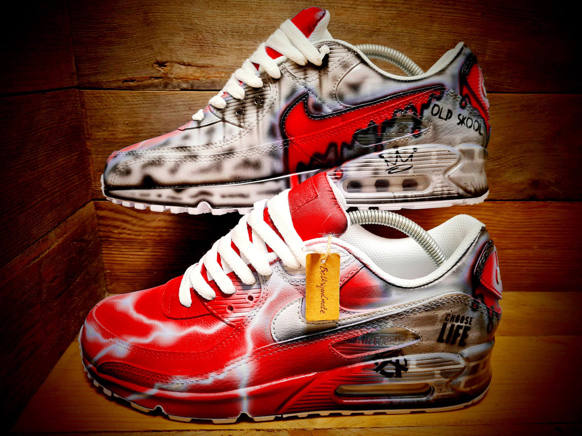 Custom Painted Air Max 90 - Red White Brick Wall Graffiti Drip Trainers