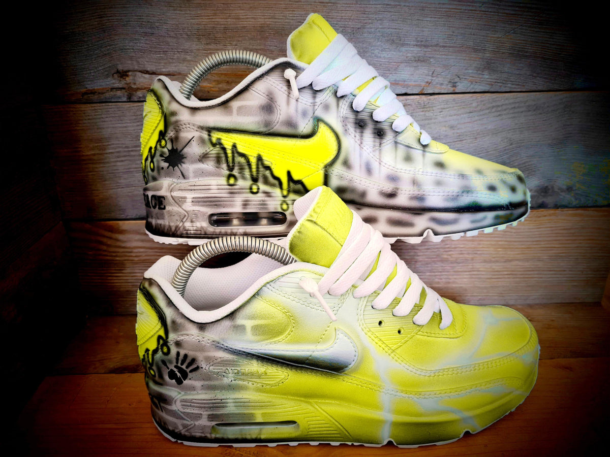 Custom Painted Air Max 90 - Yellow White Brick Wall Graffiti Drip Trainers